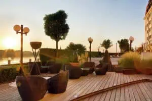 VIEHA Hilton Vienna Danube Waterfront Terrace Danube Sunset 2